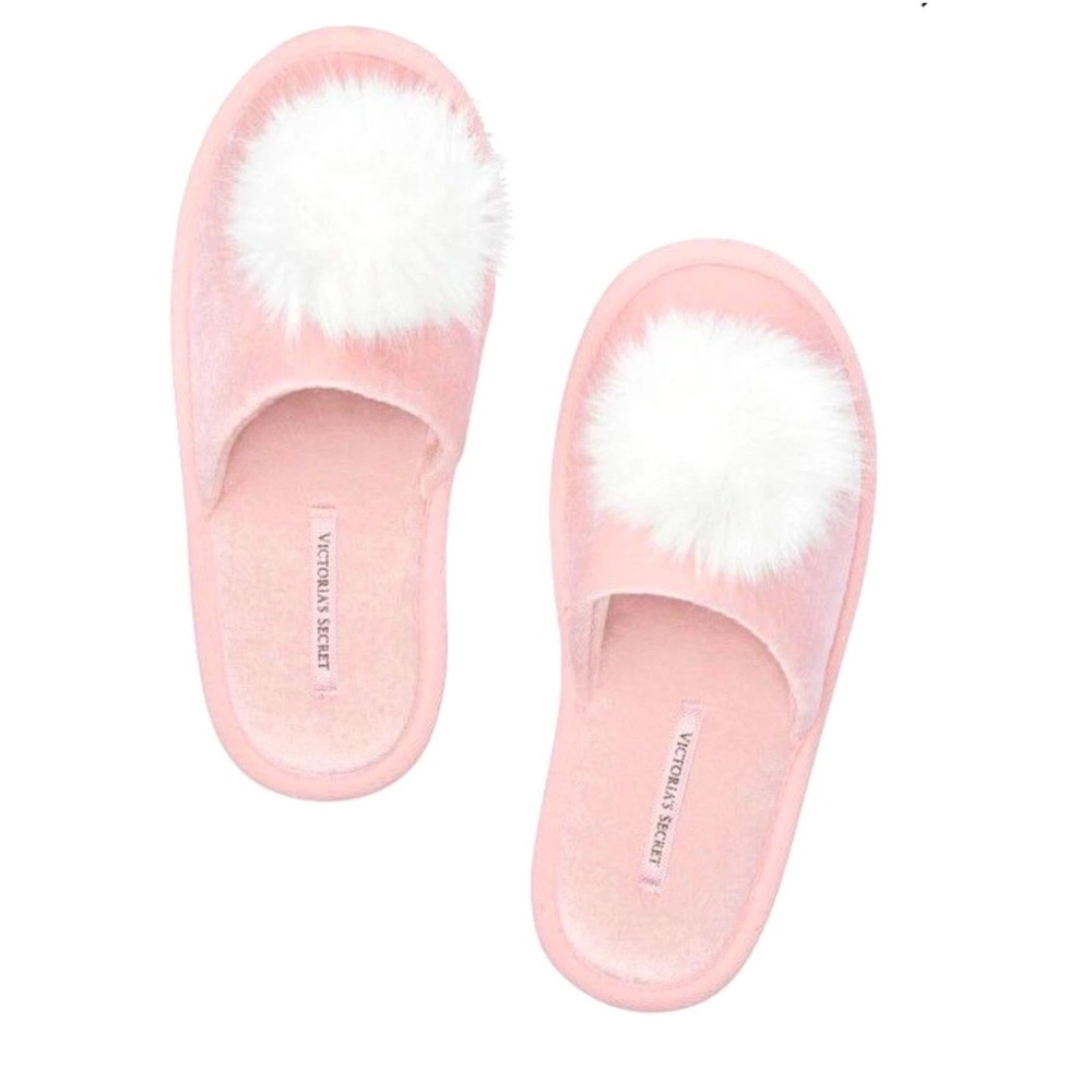 Victorias Secret Y2K Pink Velvet Pom Pom Slide Slippers Women's Size Large 9-10